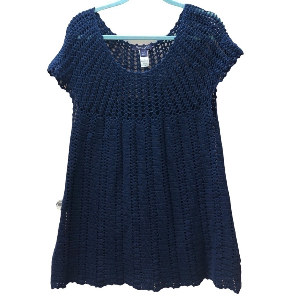 ROAMAN’S Cotton Navy Blue Crocheted Scoop Neck Short Sleeve Sweater - Size 14/16